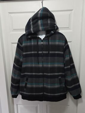 XXL Plaid Hooded Zip Up Jacket in Black Gray Teal